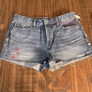 Old Navy‎ Denim O.G. Short High Rise Jean Shorts Size 14 Distressed Embroidered